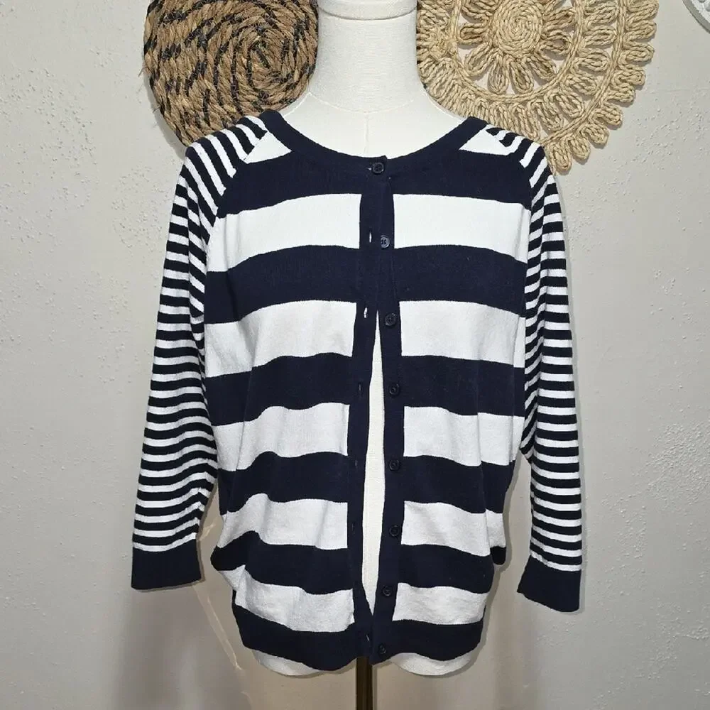 Merona Navy & Winter White Striped Lightweight Layering Cardigan Sweater Womens